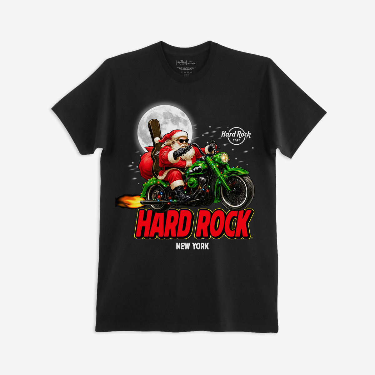 Adult Fit Biker Lights Santa Tee in Black image number 1